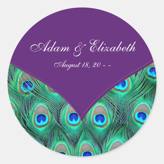 Plum Purple Peacock Wedding Favour Label (Front)
