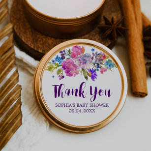 Plum Purple Pink and Blue Flowers Thank You Favour Classic Round Sticker