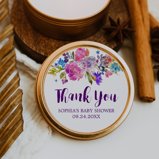 Plum Purple Pink and Blue Flowers Thank You Favour Classic Round Sticker (Creator Uploaded)