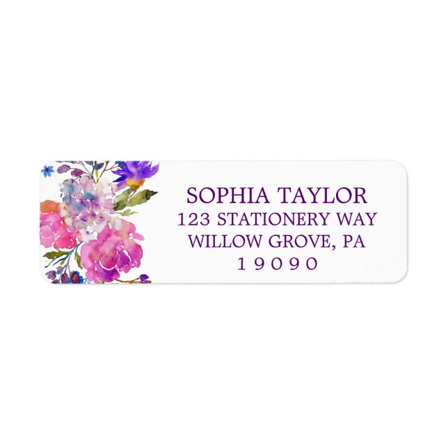 Plum Purple Pink & Blue Flowers Baby Shower Label (Front)