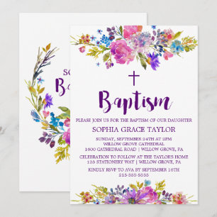 Plum Purple Pink & Blue Flowers Baptism Invitation