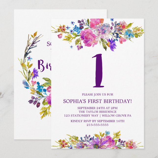 Plum Purple Pink & Blue Flowers First Birthday Invitation (Front/Back)