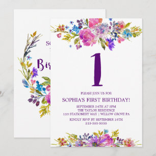 Plum Purple Pink & Blue Flowers First Birthday Invitation