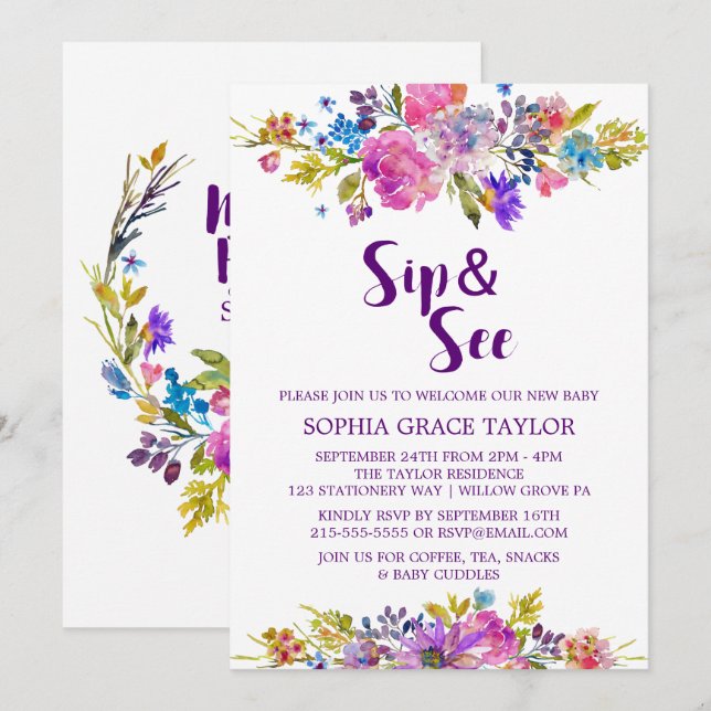 Plum Purple Pink & Blue Flowers Sip and See Invitation (Front/Back)