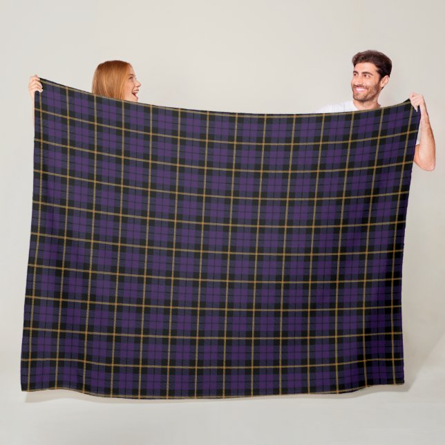Plum purple plaid black gold stipe tartan fleece blanket (In Situ)