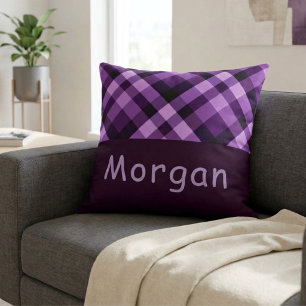 Plum Purple Plaid Monogram Big Throw Pillow