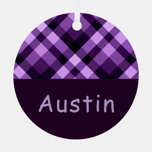 Plum Purple Plaid Monogram Circle Metal Ornament  (Front)