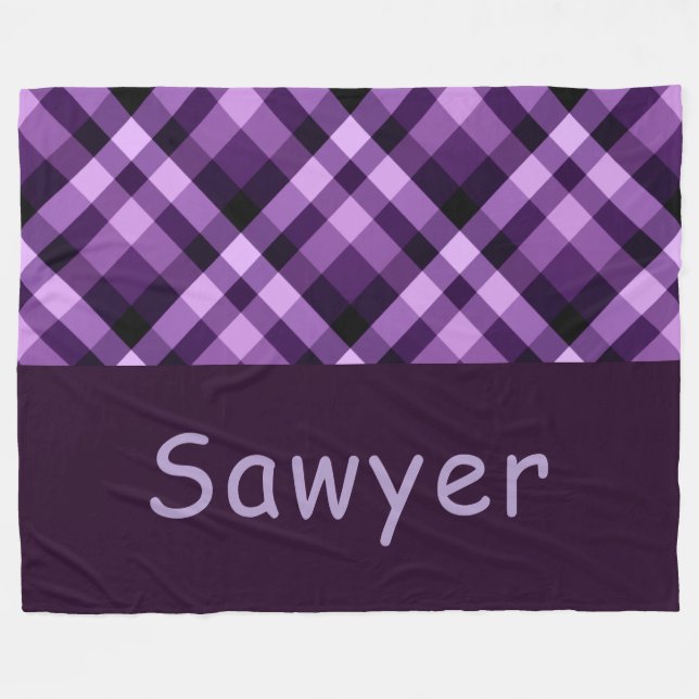 Plum Purple Plaid Monogram Large Fleece Blanket (Front (Horizontal))