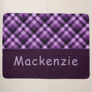 Plum Purple Plaid Monogram Large Sherpa Blanket