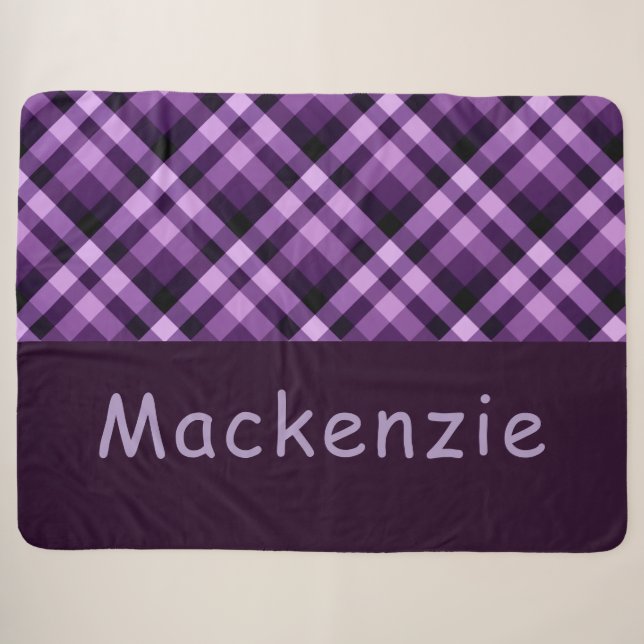 Plum Purple Plaid Monogram Large Sherpa Blanket (Front (Horizontal))