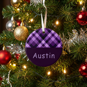 Plum Purple Plaid Monogram Metal Circle Ornament
