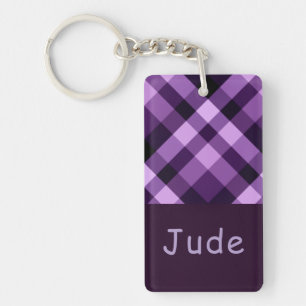 Plum Purple Plaid Monogram Rectangle Keychain