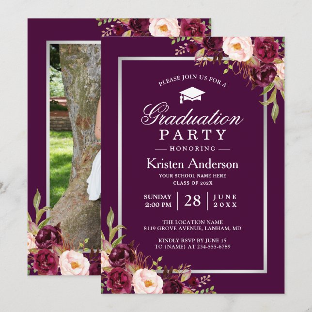 Plum Purple Red Floral Photo Graduation Party Invitation (Front/Back)
