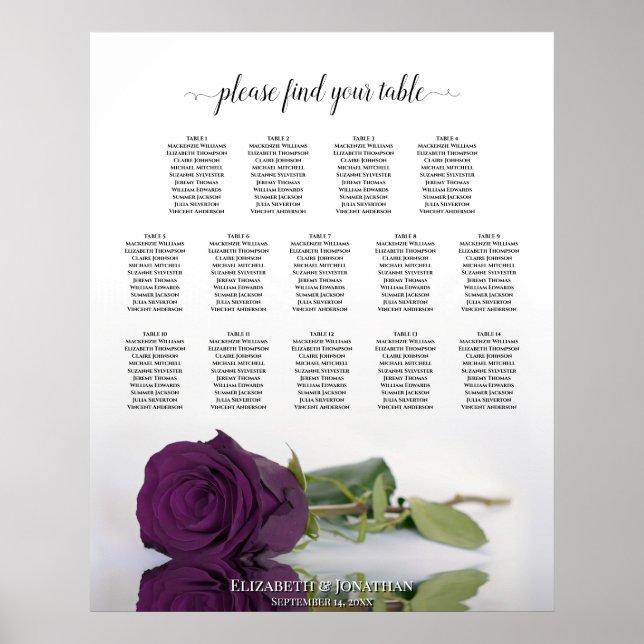 Plum Purple Rose 14 Table Wedding Seating Chart (Front)