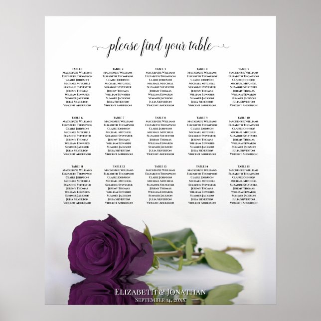 Plum Purple Rose 15 Table Wedding Seating Chart (Front)