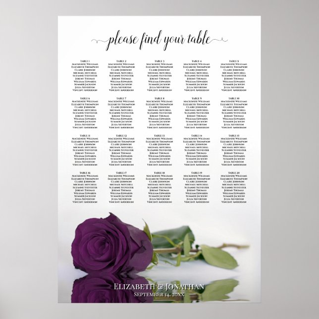 Plum Purple Rose 20 Table Wedding Seating Chart (Front)
