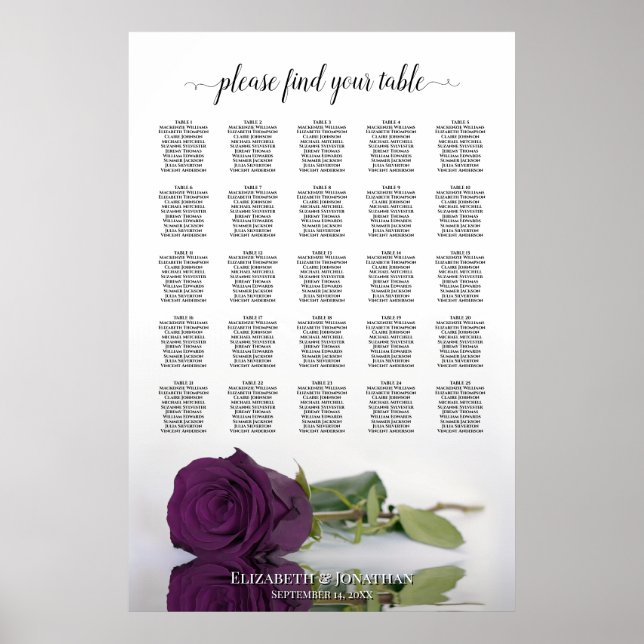 Plum Purple Rose 25 Table Wedding Seating Chart (Front)