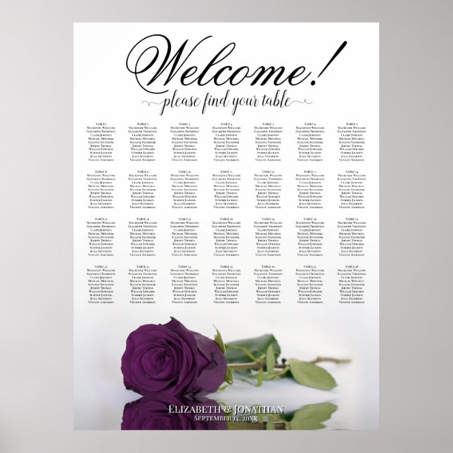 Plum Purple Rose 28 Table Wedding Seating Chart (Front)