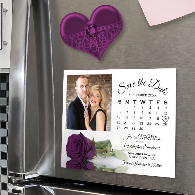 Plum Purple Rose Calendar & Photo Save Date Magnet (Magnetic for convenient display!)
