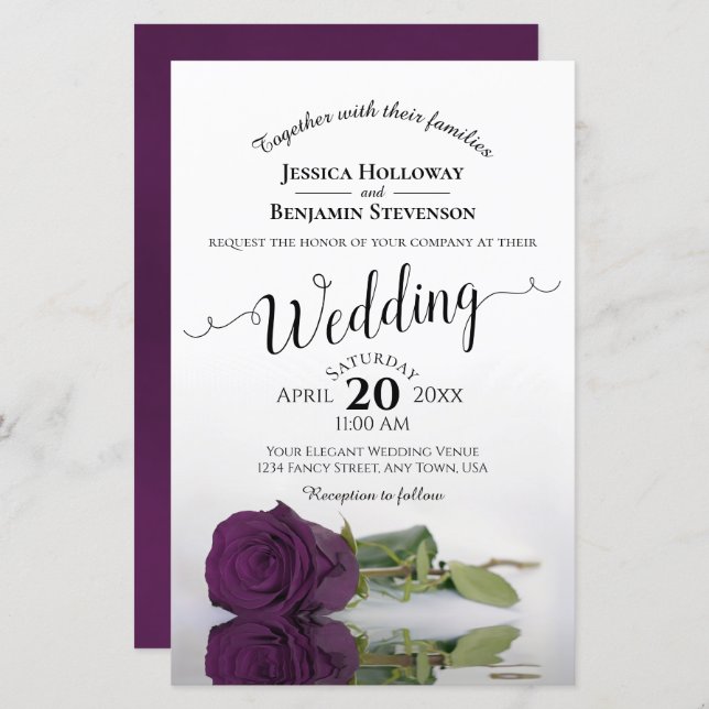 Plum Purple Rose Elegant BUDGET Wedding Invitation (Front/Back)