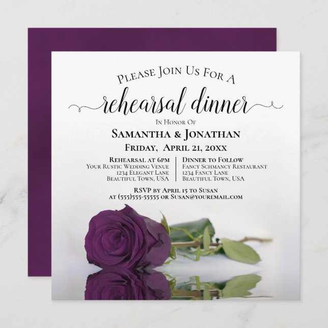 Plum Purple Rose Elegant Wedding Rehearsal Dinner Invitation (Front/Back)