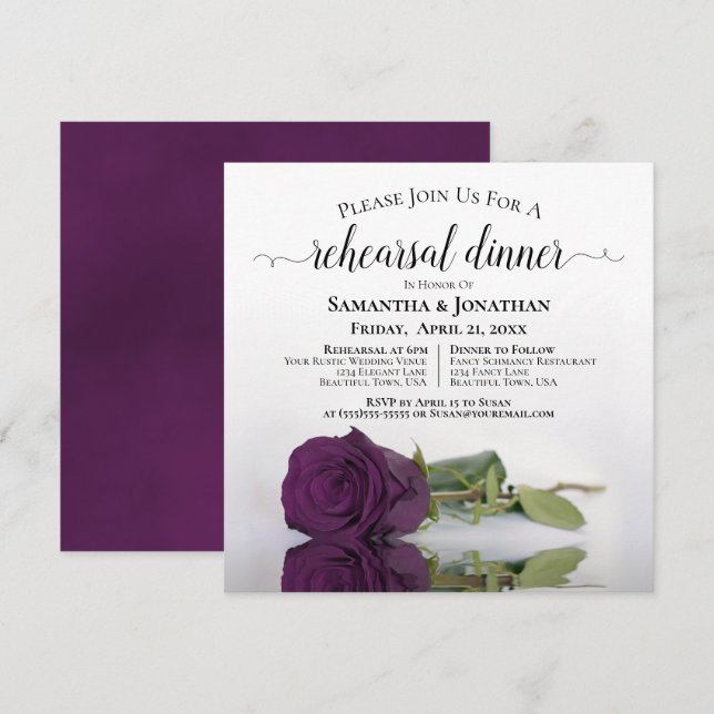 Plum Purple Rose Elegant Wedding Rehearsal Dinner Invitation (Front/Back)