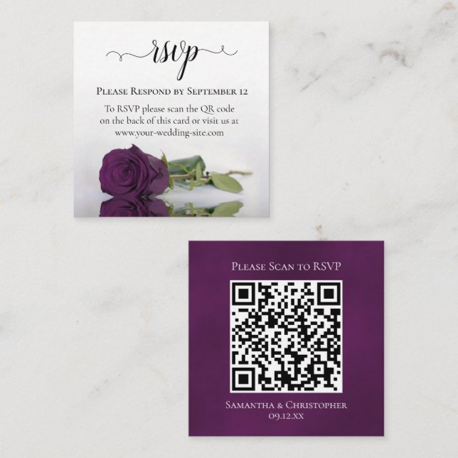 Plum Purple Rose Elegant Wedding RSVP QR Code Enclosure Card (Front/Back)