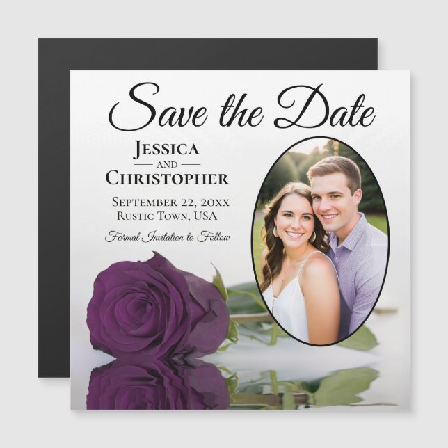 Plum Purple Rose Save The Date Oval Photo Magnet (Front/Back)