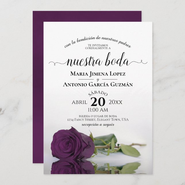 Plum Purple Rose Spanish Nuestra Boda Wedding Invitation (Front/Back)