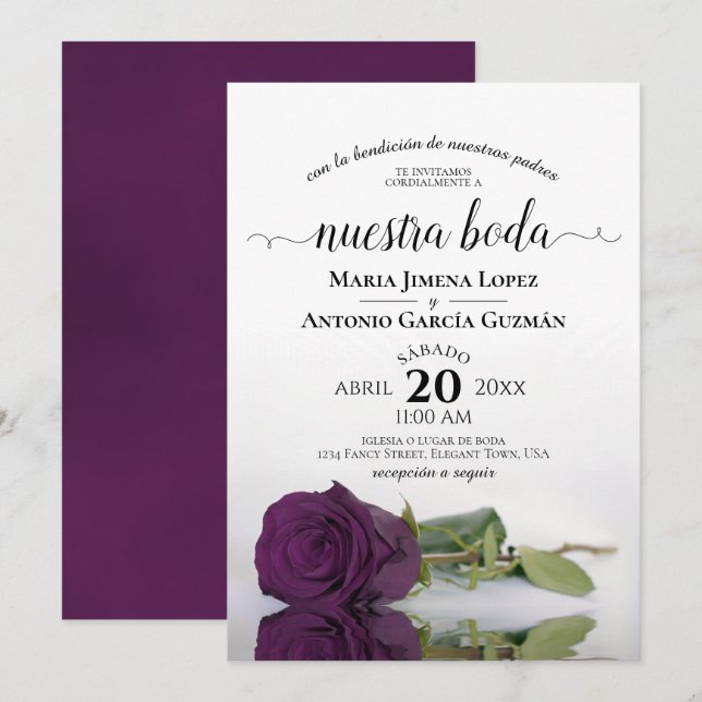 Plum Purple Rose Spanish Nuestra Boda Wedding Invitation (Front/Back)