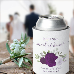 Plum Purple Roses Elegant Maid of Honour Wedding Can Cooler