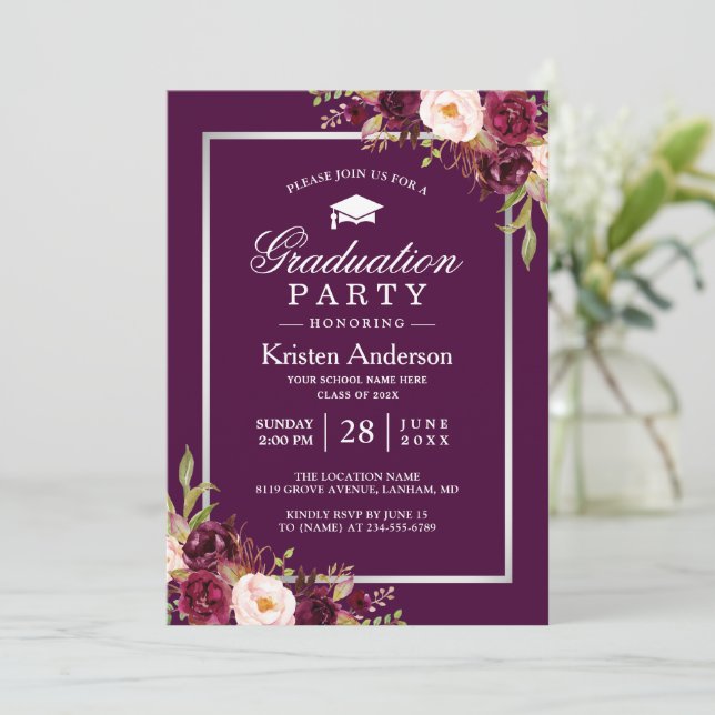 Plum Purple Rustic Floral Graduation Party Invitation (Standing Front)