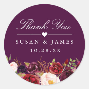 Plum Purple Rustic Floral Thank You Wedding Favour Classic Round Sticker