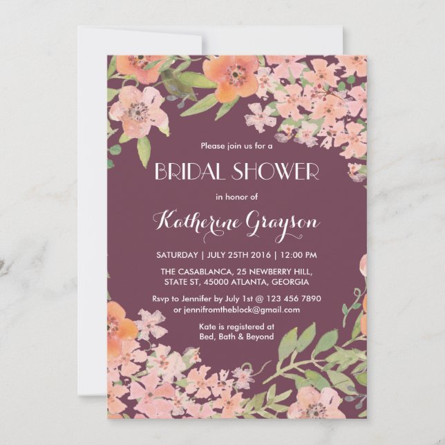 Plum Purple Rustic Flower Bridal Shower Invitation (Front)