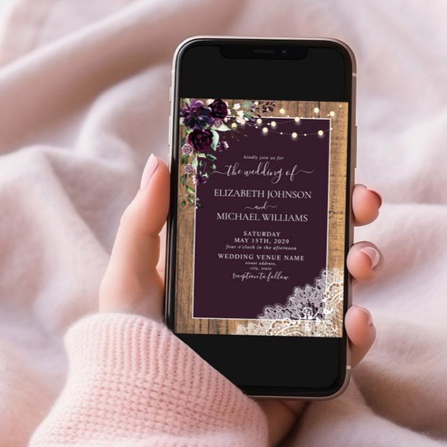 Plum Purple Rustic Wood Lace Script Wedding Invitation (Creator Uploaded)
