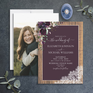 Plum Purple Rustic Wood Script Photo Wedding Invitation