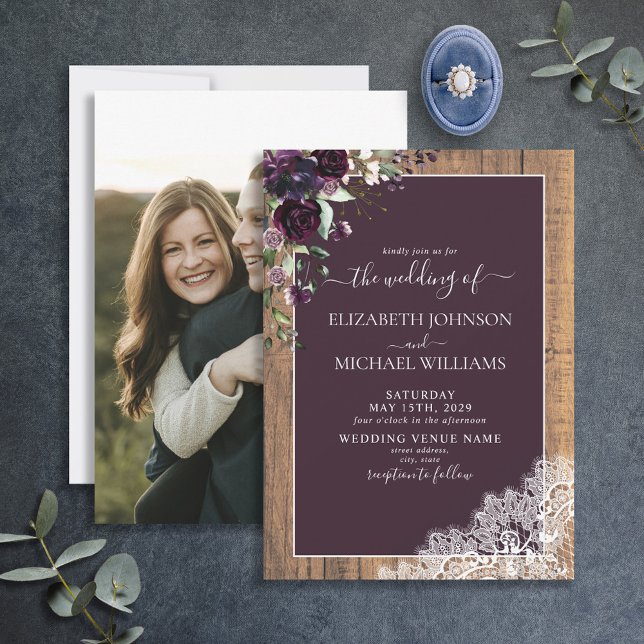 Plum Purple Rustic Wood Script Photo Wedding  Invitation (Creator Uploaded)