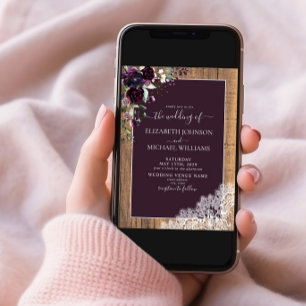 Plum Purple Rustic Wood Script Photo Wedding  Invitation