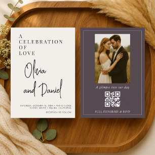 Plum Purple Script Photo QR Code Wedding Invitation