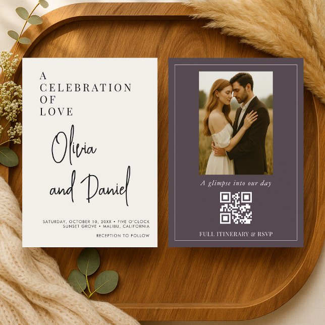 Plum Purple Script Photo QR Code Wedding Invitation (Creator Uploaded)