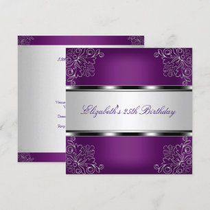 Plum Purple Silver Floral 25th Birthday Party Invitation