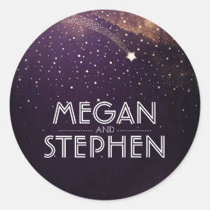 Plum Purple Starry Night Shooting Star Wedding Classic Round Sticker