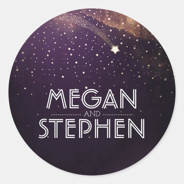 Plum Purple Starry Night Shooting Star Wedding Classic Round Sticker (Front)