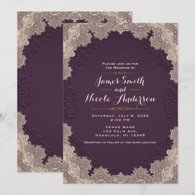 Plum Purple Suede Leather Vintage Lace Wedding Invitation (Front/Back)