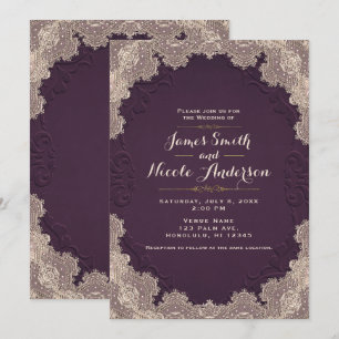 Plum Purple Suede Leather Vintage Lace Wedding Invitation