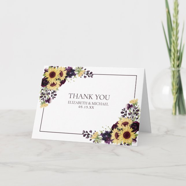 Plum Purple Sunflower Photo Wedding Thankyou Card (Front)