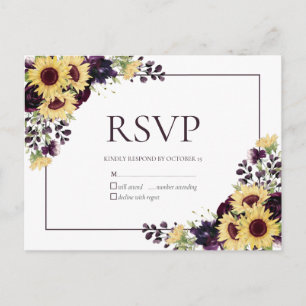 Plum Purple Sunflower Watercolor No Menu RSVP