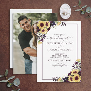 Plum Purple Sunflower Watercolor Photo Wedding Invitation