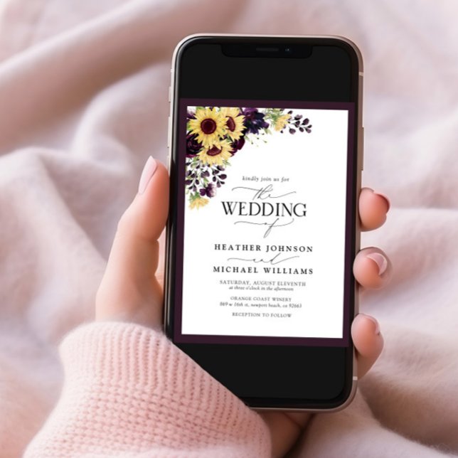 Plum Purple Sunflower Watercolor Photo Wedding Invitation (Creator Uploaded)