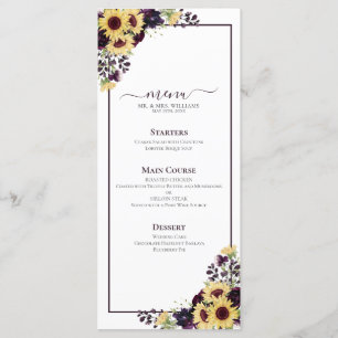 Plum Purple Sunflower Watercolor Wedding Menu